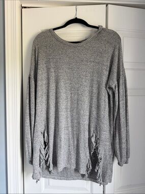 Three Bird Nest Heather Grey Ribbed Long Sleeve Top with Side Ruching